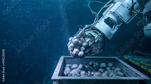 Futuristic underwater robotic manipulator collects shiny polymetallic nodules into a metal container. Concept of deep-sea mining, marine robotics, and ocean resource extraction technology.