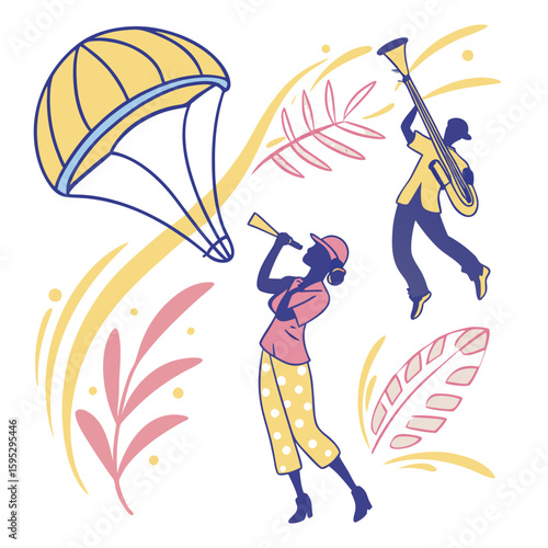 People playing music and paragliding saxophone trumpet