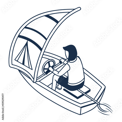 Person steering pedal boat with sail vector