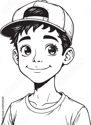 Young Boy in a Cap: A black and white illustration of a young boy wearing a cap, the focus on the boy's face. 