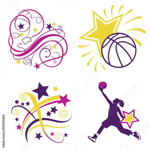 Purple yellow stars basketball player silhouette girl