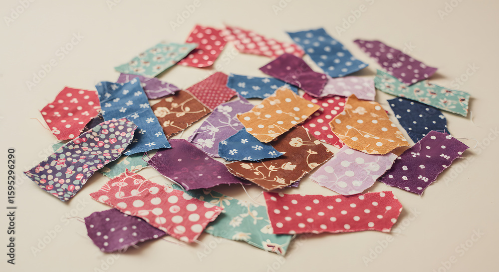 Obraz premium A collection of colorful fabric scraps with various patterns scattered on a light background.
