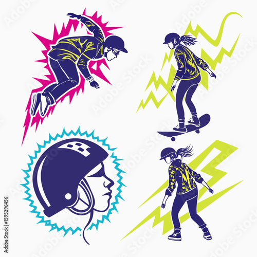 Skateboarders with lightning bolt accents skateboarding