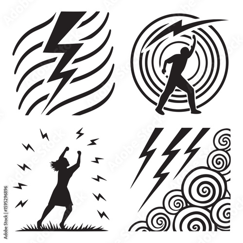 Stormy weather icons with lightning and people lightning bolt