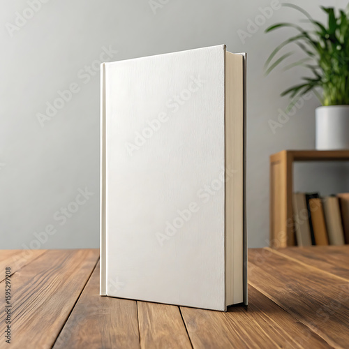 Blank white hardcover book standing on wooden table