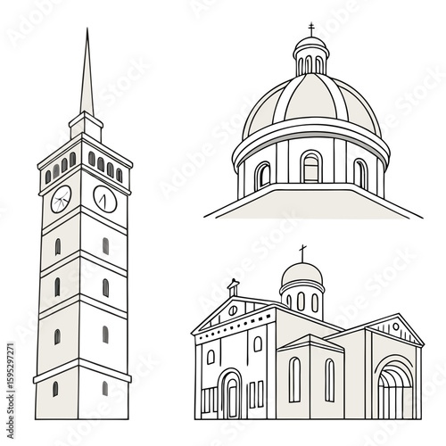 Tall clock tower dome and church building architecture