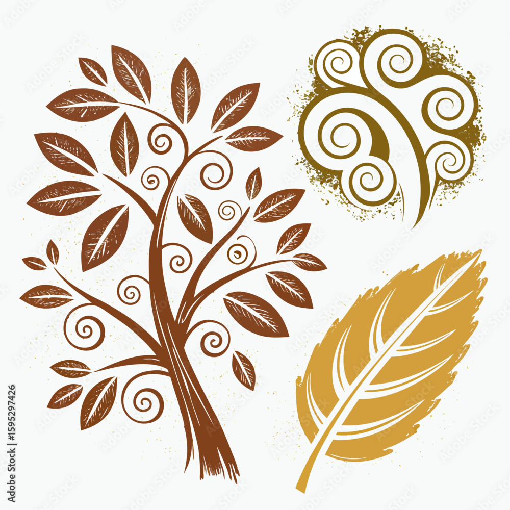 Obraz premium Textured brown tree and gold leaf leaves swirls
