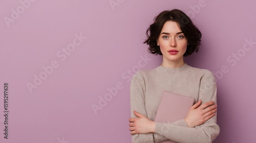 A thoughtful businesswoman embraces her notebook close to her chest, against a soft plum purple backdrop.