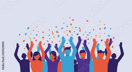 A joyful flat design illustration of an abstract audience cheering and celebrating, embodying the vibrant and enthusiastic atmosphere of the Festival