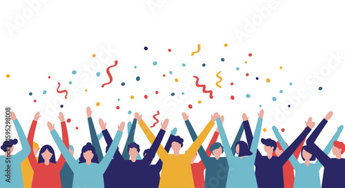 A joyful flat design illustration of an abstract audience cheering and celebrating, embodying the vibrant and enthusiastic atmosphere of the Festival