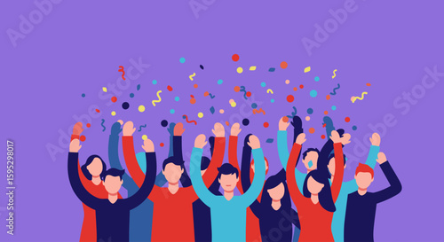 A joyful flat design illustration of an abstract audience cheering and celebrating, embodying the vibrant and enthusiastic atmosphere of the Festival