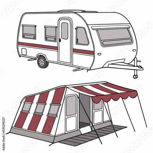 White caravan with red stripe and awning trailer camping