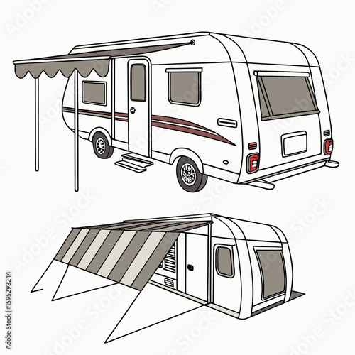 White caravan with grey striped awnings camper trailer