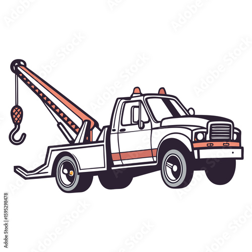 White tow truck with orange accents and hook towing