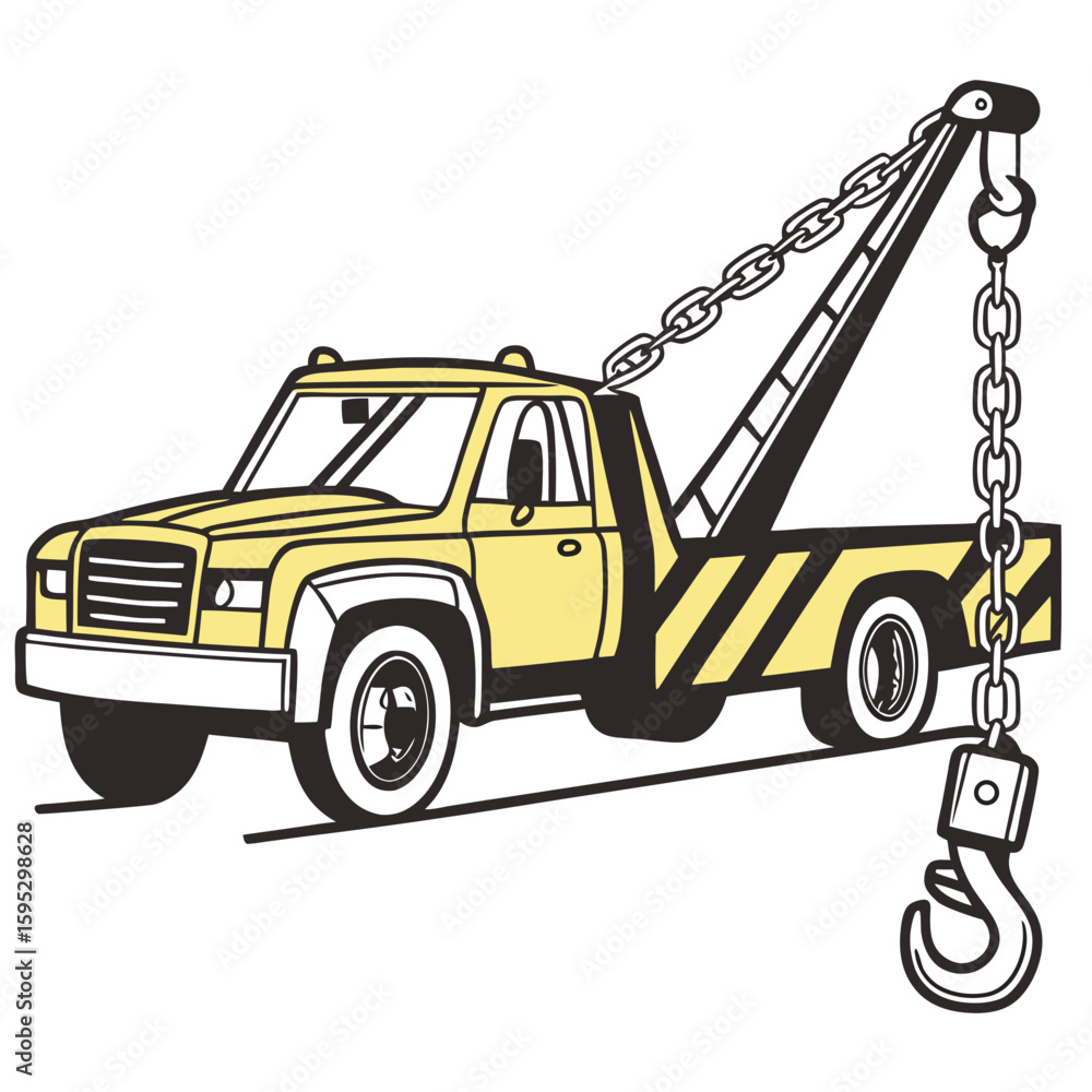 Naklejka premium Yellow tow truck with chain and hook black white