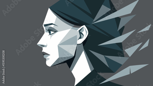 Geometric profile of a woman with fragmented shapes symbolizing emotional pain, psychological trauma and mental health breakdown