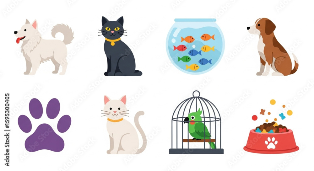 Obraz premium Flat Vector Pet Icon Set – Dog, Cat, Fishbowl, Bird Cage, Paw Print, and Pet Food Bowl on White Background