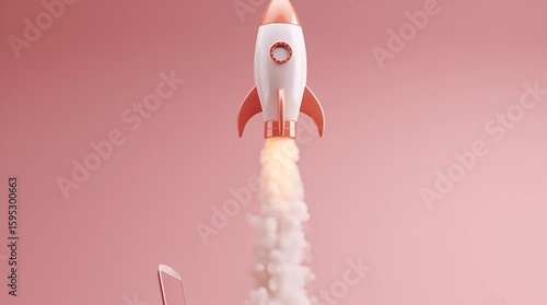A cartoon rocket launches from a laptop