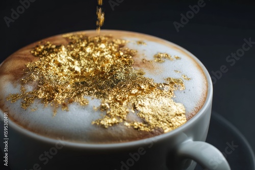 Golden cappuccino, frothy top, gold flakes