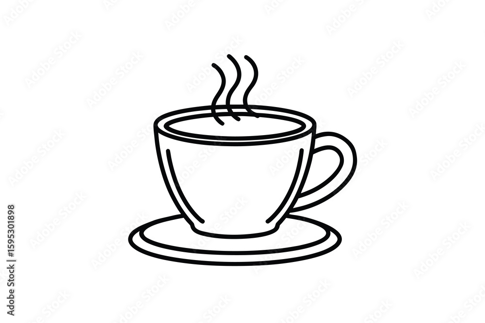 Fototapeta premium Simple line art illustration of a steaming cup of coffee or tea on a saucer perfect for minimalist designs and beverage related content creation