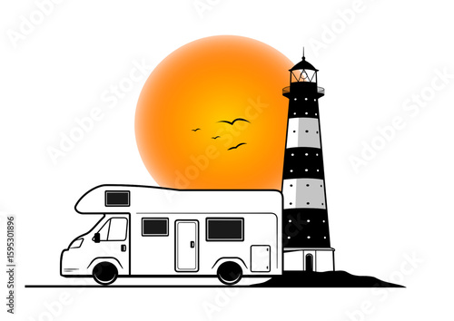 Black and white line illustration of a camper van by a lighthouse at sunset. Only the sun is in color – symbolizing freedom, wanderlust, and quiet adventure.