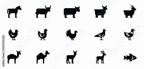 Collection of farm animal silhouettes and aquatic life icons