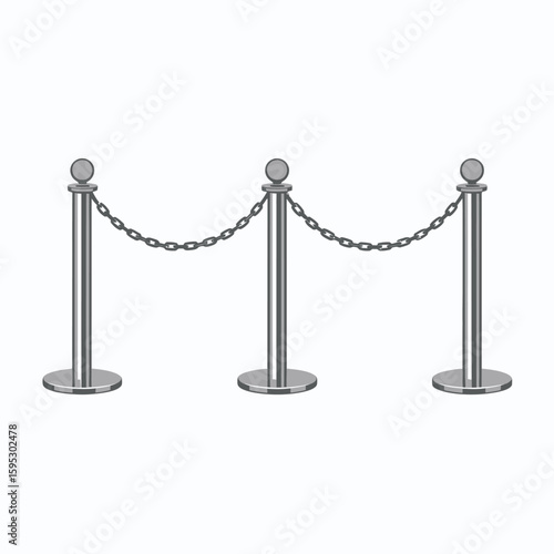 Silver stanchions with chain barrier on white background