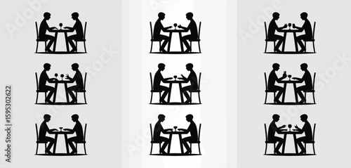 Silhouettes of couples dining together at tables with wine glasses