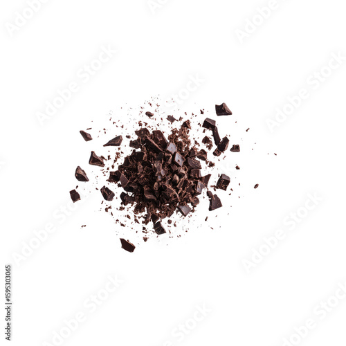 Heap of Chopped and Milled Dark Chocolate Pieces Isolated on White Background
