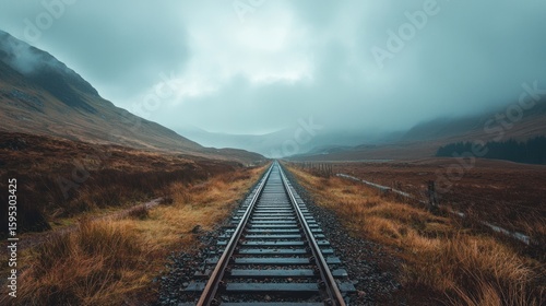 A long, straight railway track stretches into the distance, surrounded by a lush, green landscape with mountains in the background. The sky is overcast