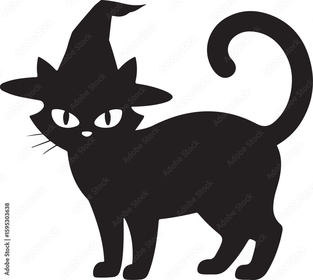 Obraz premium Halloween Cat Silhouette Vector, Collection of Witch Cat with Hat Icon Isolated and White Background