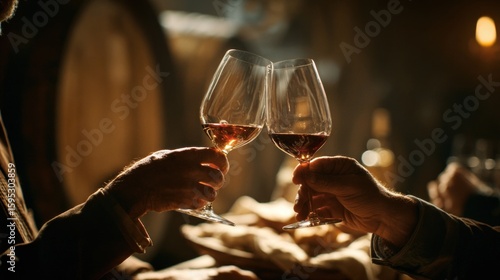 Two people clinking wine glasses in a dimly lit cellar