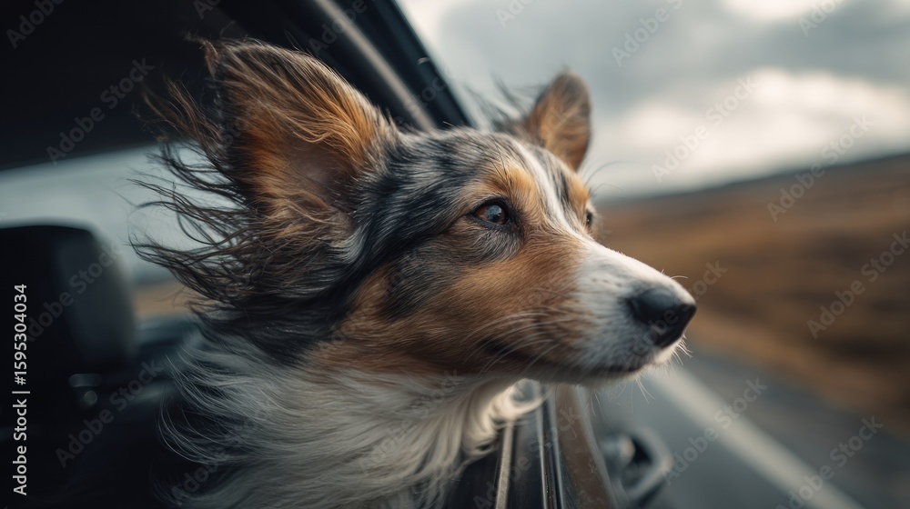 Obraz premium Dog's head, looking out car window. Wind in fur