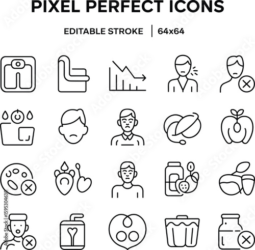 Allergy and diet icons, pixel perfect editable stroke, food intolerance symbols, weight loss, digestive issues, health, nutrition vector set