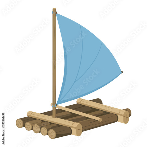 Simple wooden raft with a blue sail