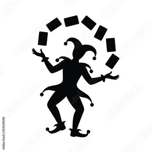 Silhouette of a jester juggling playing cards