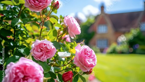 Pink roses in sunny garden