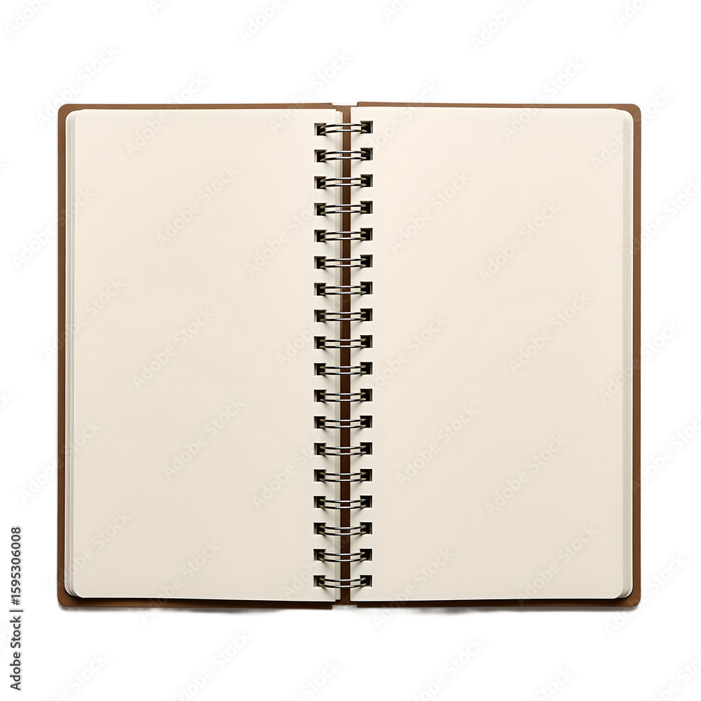 Spiral bound kraft notebook open to blank page on white background Perfect for creative writing journaling and sketching Spiral bound kraft notebook open to blank page on white background Perfect for creative writing journaling and sketching
