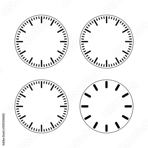 Four blank clock faces with hour and minute markers