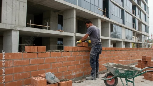 Wallpaper Mural Masonry construction worker building brick wall on construction site of building project Torontodigital.ca