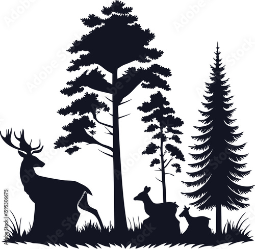 Wildlife vector illustration of deer and tree silhouettes in a forest landscape at sunset
