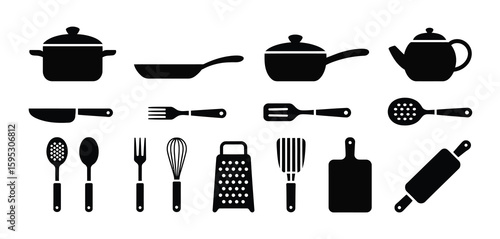 Collection of black kitchen utensils and cookware silhouettes