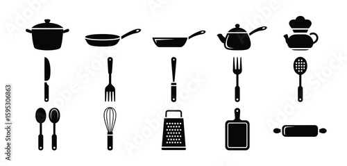 Collection of kitchen utensils and cookware silhouettes