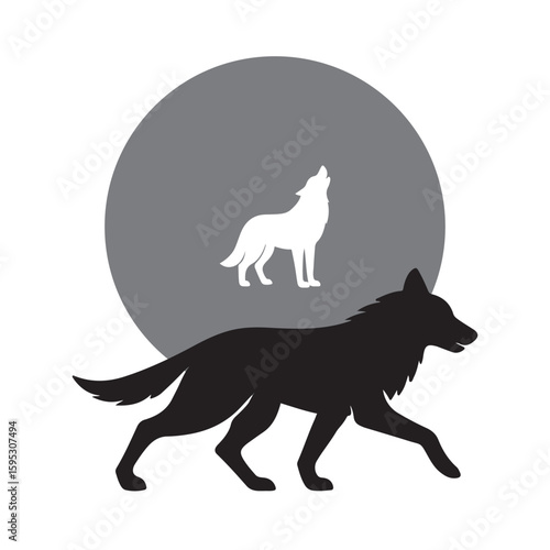 Wolf Silhouettes: Moonlit Night, Mystical Grey, Black and White Minimalist Design, Symbolic Animal Vector Illustration