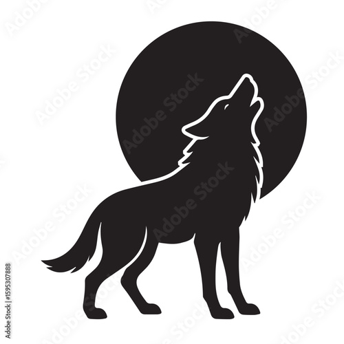 Silhouette of a howling wolf against a full moon; dramatic, mystical, vector art.