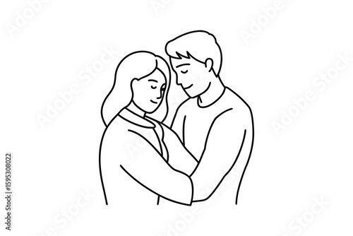 Minimalist line art illustration of a young couple embracing each other tenderly depicting love affection and closeness in a simple and elegant black and white