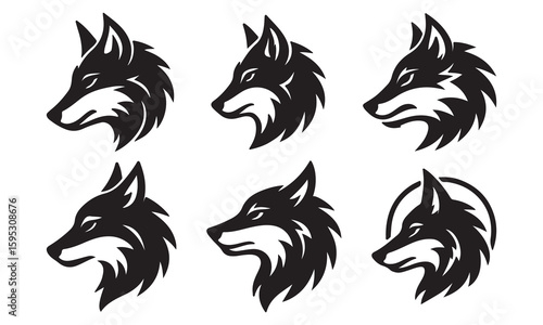 Six stylized wolf head logos; black and white vector illustrations; tribal, fierce, powerful design.