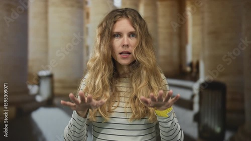 Wallpaper Mural Woman raises hands calming in corridor featuring blonde young subject showing deescalation of tension in portrait indoors. Torontodigital.ca
