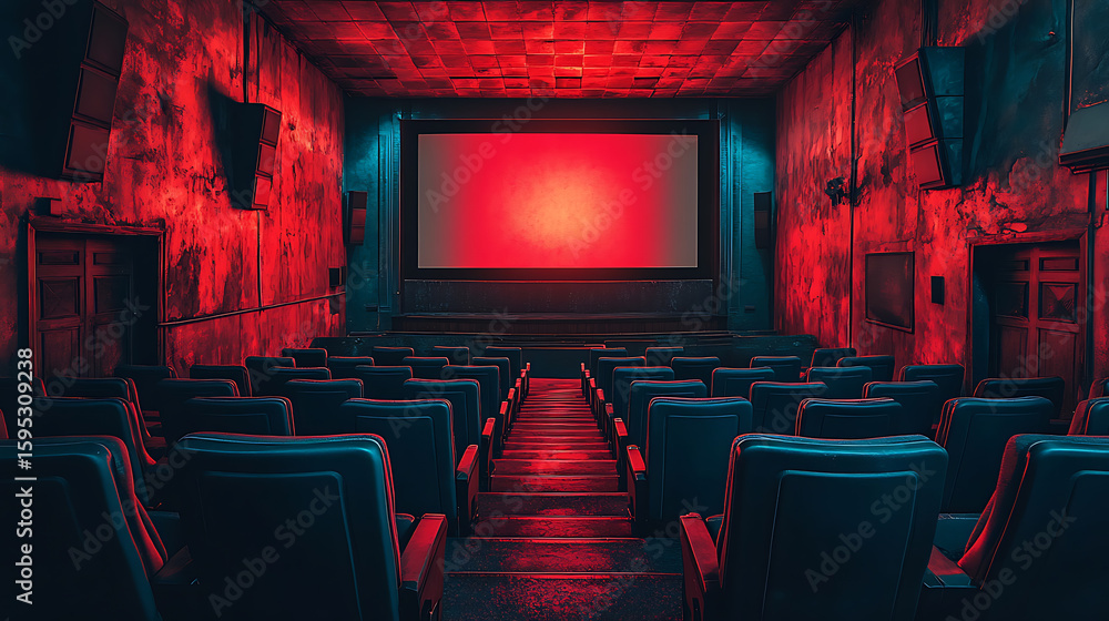 Fototapeta premium Eerie Red Glow in a Vintage Movie Theater
