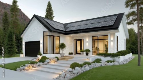 Modern white house with solar panels on the roof, surrounded by greenery and stone landscaping, set against a mountainous background.